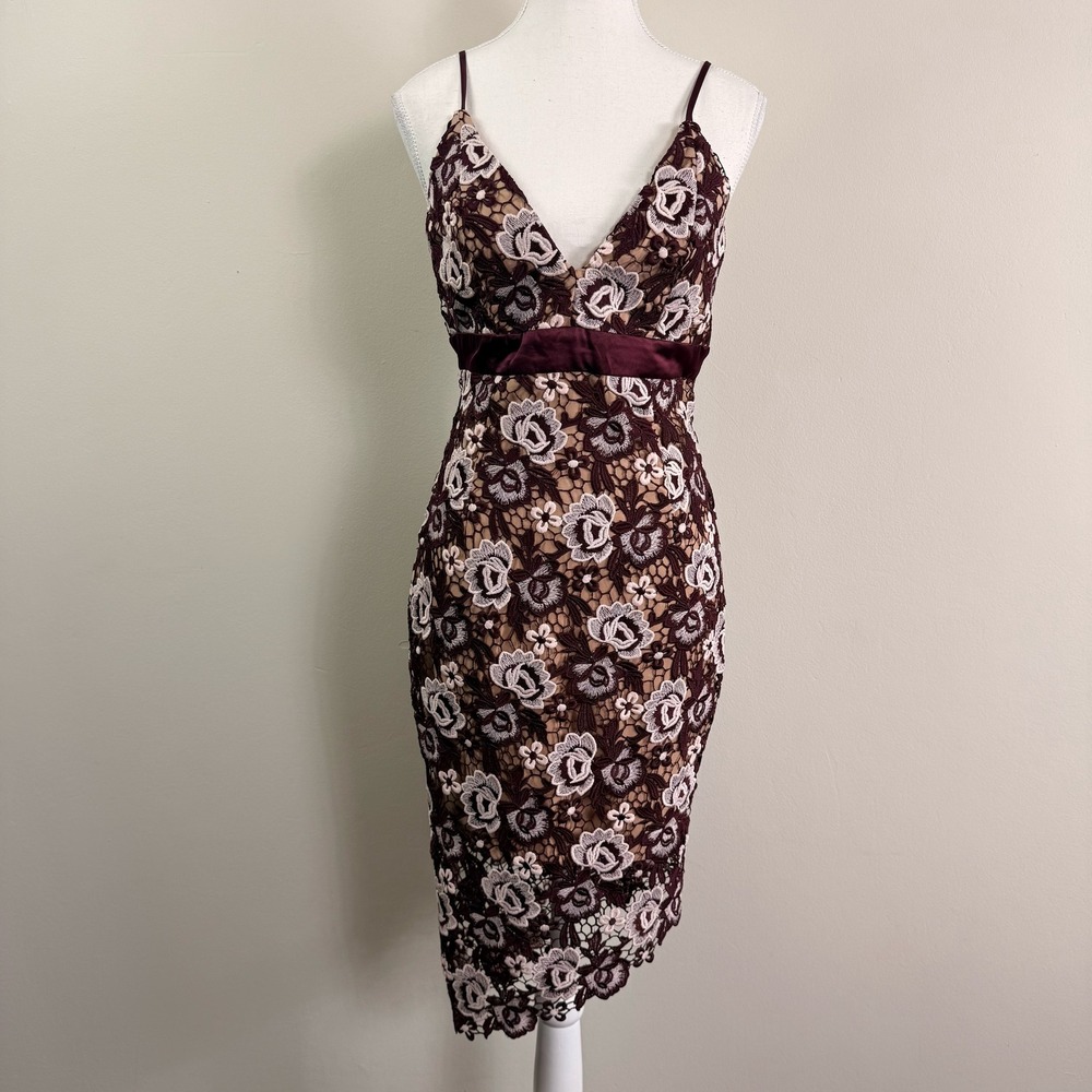 Bardot Floral Lace Midi Dress Burgundy Cream V-Neck Asymmetrical Hem Size US 6